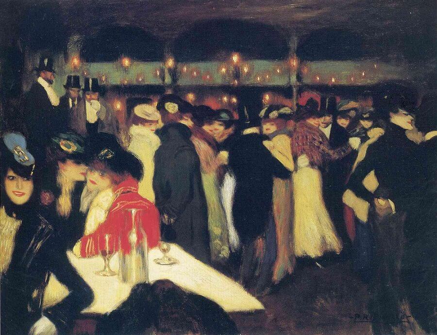 a painting of people dancing set in the 1800s with 3 women seated at a table in the foreground.